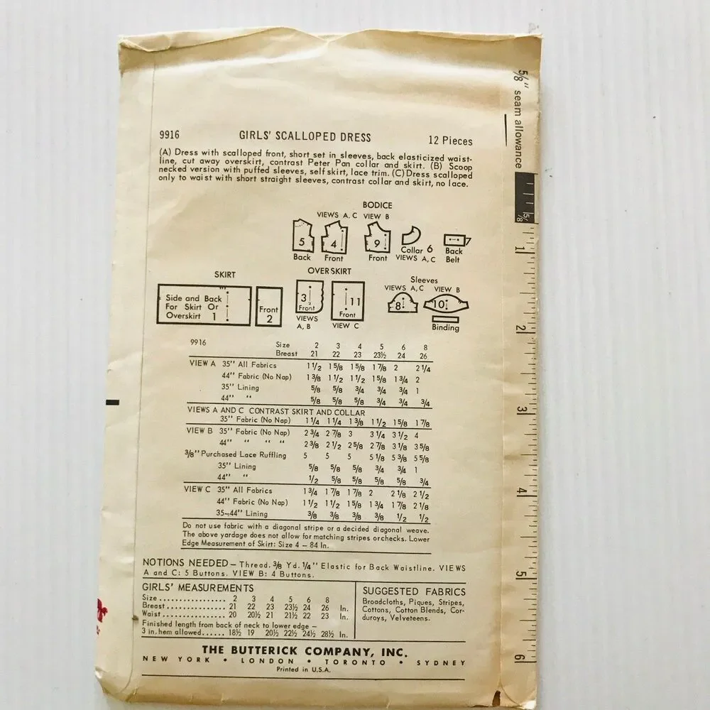 Vintage 1960's Butterick Sewing Pattern 9916 Girls Dress Scalloped Front Sz 4